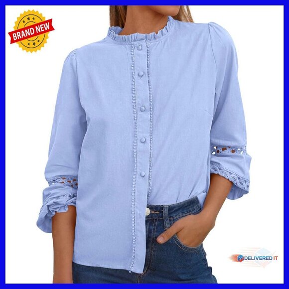 Tops - Long Sleeve Cotton Eyelet Blouse Boho Button Up Shirt Women's